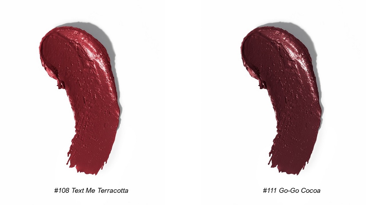 A sample of reddish-brown & dark red lipstick smeared against a white background.
