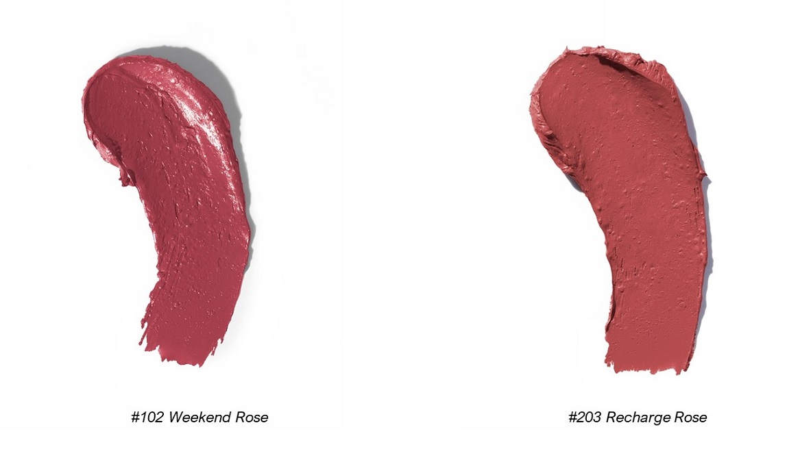 A sample of creamy rose & matte rose lipstick smeared against a white background.