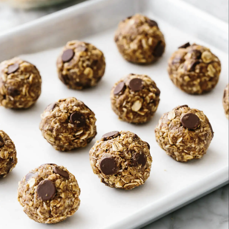 Freshly made chocolate protein bites sit on a cookie sheet lined with parchment paper.